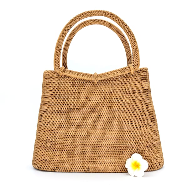 Large Woven Top Handle Straw Handbag with Drawstring Closure, Summer Tote Bag, Boho Rattan Bag, Large Straw Purse, Vegan Purse, Woven Bag