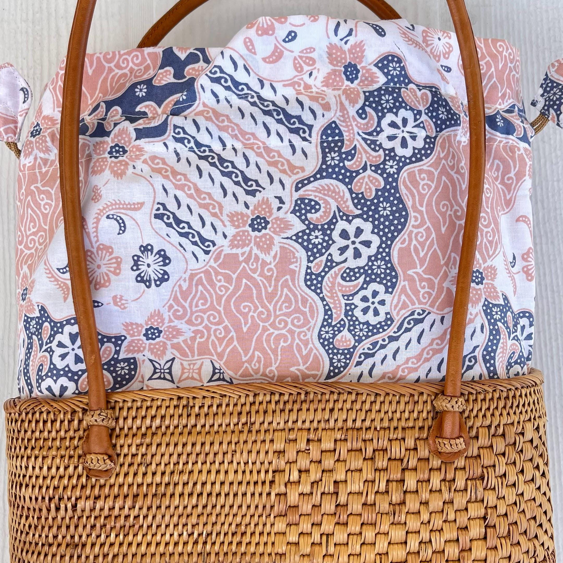 Medium Rattan Tote Bag With Batik Lining & Drawstring