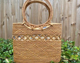 Woven Rattan Bag with Circular Handles and Drawstring Closure, Straw Tote Bag, Rattan Summer Handbag, Wicker Basket Bag, Bohemian Handbag