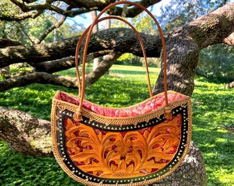 Vintage Handmade Shoulder Bag with Unique Wood Carvings, Artisan Straw Boho Purse, One of a Kind Retirement Anniversary Gift for Women