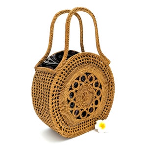 Bolso de mano de paja vegana redondo tejido para verano, elegante bolso de ratán para vacaciones para mujer, bolso de mimbre con asa superior, elegantes regalos de boda hechos a mano