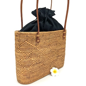 Large Handwoven Wicker Tote Bag: Boho Beach Purse with Drawstring Closure