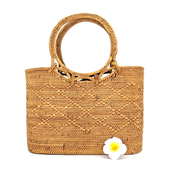 Handmade Straw Top Handle Tote Bag with Drawstring Closure, Woven Boho Basket Bag with Round Handle, Summer Beach Purse with Lining