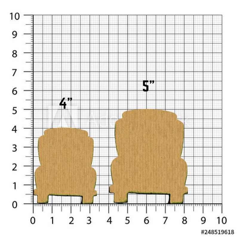 May include: Two wooden truck cutouts, one 4 inches and the other 5 inches in height, are displayed against a grid background. The cutouts are brown with green edges, showcasing a classic truck shape.