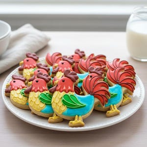 May include: A white plate piled with rooster-shaped sugar cookies decorated with royal icing. Each cookie features a red comb, a yellow textured body, a bright blue wing, and a large red tail with dark brown outlines and black eye details.