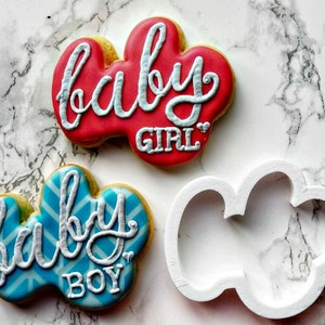 May include: Cookies decorated with the words "baby girl" and "baby boy" in white script, set against red and blue backgrounds. A white plastic cookie cutter in the shape of the cookies is also present. The cookies have a light brown edge.