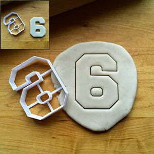 Peut inclure: Deux emportes-pièces en plastique blanc, l'un en forme de chiffre 8 et l'autre en forme de chiffre 6. Les emportes-pièces sont sur une surface en bois. L'emporte-pièce en forme de chiffre 6 est également montré enfoncé dans une pâte.