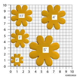 May include: Five yellow flower-shaped objects of varying sizes are displayed against a grid background. The sizes are labeled as 2", 3", 3.5", 4", and 5" in white boxes. The flowers have rounded petals.