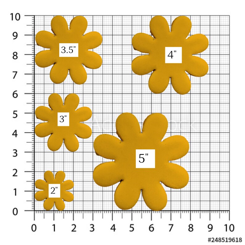 May include: Five yellow flower-shaped objects of varying sizes are displayed against a grid background. The sizes are labeled as 2", 3", 3.5", 4", and 5" in white boxes. The flowers have rounded petals.
