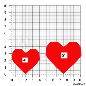K&ouml;nnte beinhalten: Zwei rote Herzformen, eine mit 10 cm und die andere mit 12,7 cm, werden vor einem Rasterhintergrund angezeigt. Die Herzen sind einfarbig rot und haben ein geometrisches Design.