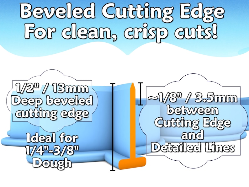May include: A light blue plastic tool with an orange cutting edge. The text reads "Beveled Cutting Edge For clean, crisp cuts!" and includes measurements: 1/2" deep beveled cutting edge, ~1/8" between cutting edge and detailed lines. Ideal for 1/4"-3/8" dough.