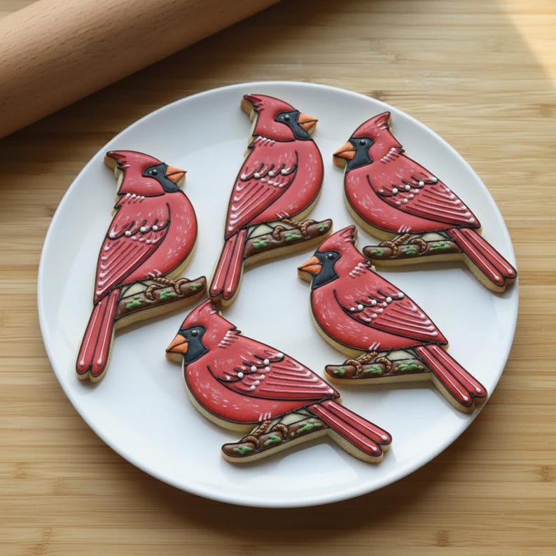 May include: Five sugar cookies shaped like northern cardinal birds, each decorated with red icing, a black face mask, an orange beak, and white wing details, perched on brown branches with green leaves, arranged on a round white ceramic plate.