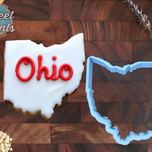 May include: A state-shaped cookie decorated with white icing and the red text Ohio, accompanied by a light blue plastic cookie cutter in the same shape. The cookie features a smooth white surface with bold red lettering centered on the state outline.