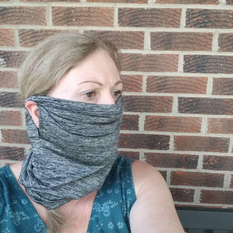Black n Grey Neck Gaiter w Ear Holes / Face Covering