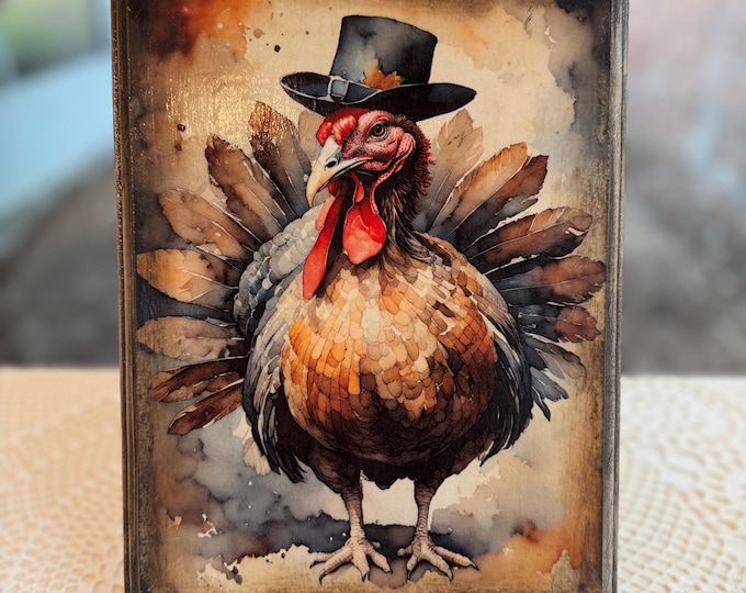 Thanksgiving Turkey with Top Hat Wood Plaque  Farmhouse Holiday Decor