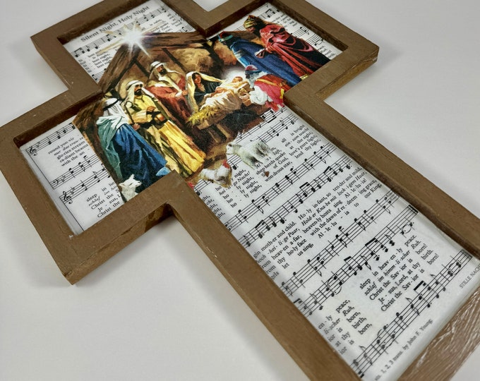 Nativity Scene Wooden Cross Silent Night Hymn Holiday Wall Art