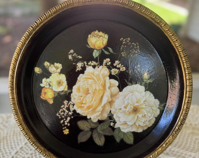 Upcycled Metal Tray with Yellow Rose Transfer with Black/Gold background
