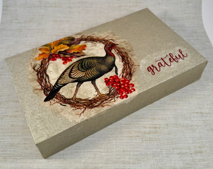 Handmade Thanksgiving Grateful Box Sign | Rustic Wood Wall Art 10 x 6 x 1.5