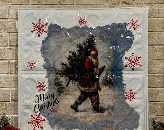 Vintage Santa  Wall Art – Recycled Metal 24" Square Farmhouse Decor