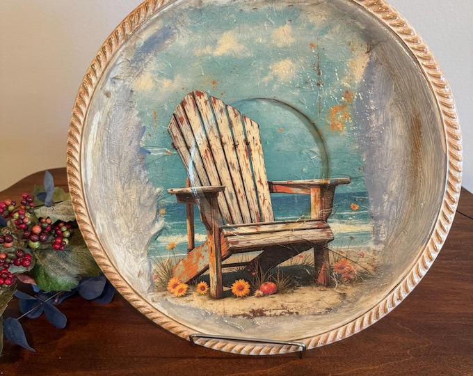 Shabby Chic Vintage 12” Metal Serving Tray – Handpainted Beach Décor