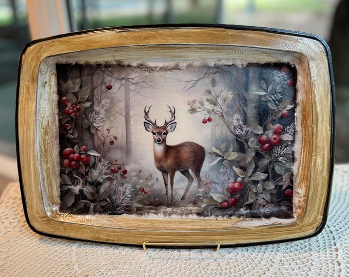 Winter Woodland Deer Metal Tray | Rustic Decoupage Serving Platter