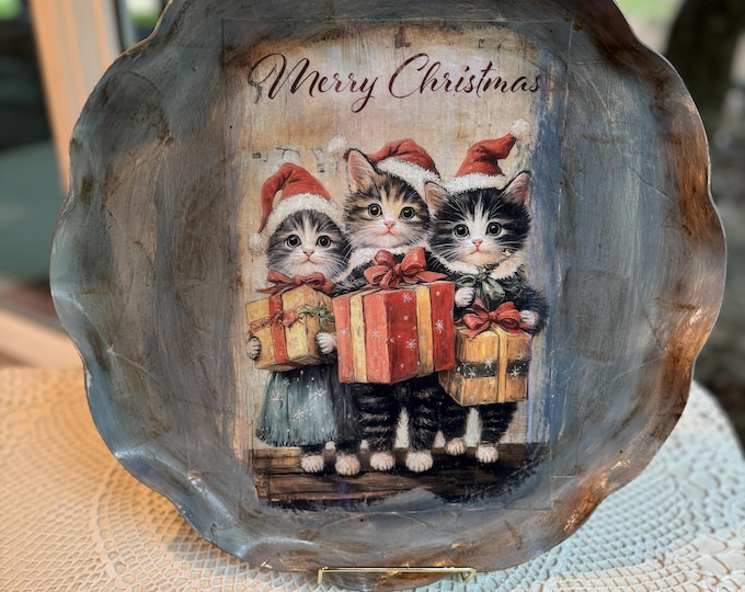 Christmas Cats Metal Tray | Rustic Farmhouse Holiday Decor