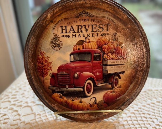 Vintage Red Truck Fall Harvest Wood Plaque