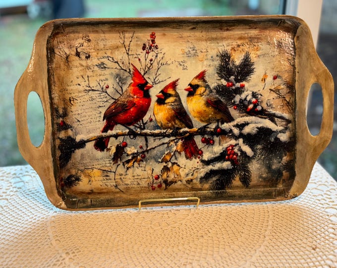 Cardinal Bird Serving Tray  Winter Holiday Decoupage Platter
