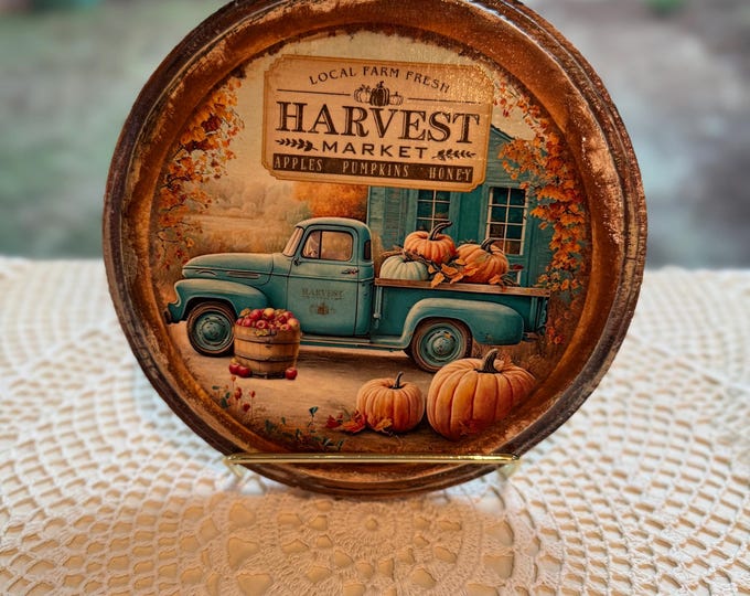 Vintage Blue Truck Fall Harvest Wood Plaque