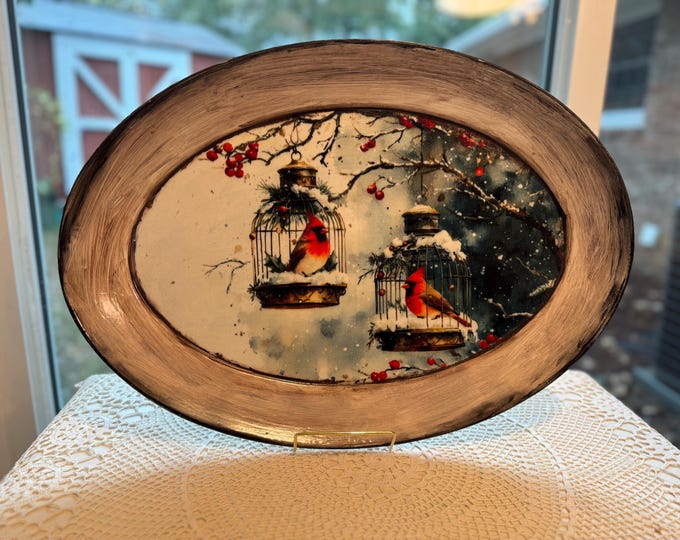 Recycled Plastic Oval Tray with Cardinals in a Winter Scene