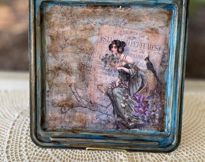 Blue Asian Inspired Vintage Metal Tray Shabby Chic Thrift Store flip Home Accent