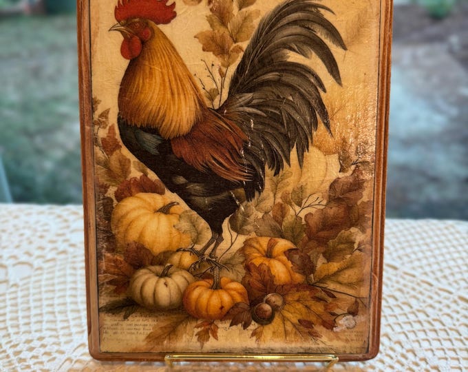 Wood Plaque with Fall Rooster and Pumpkins