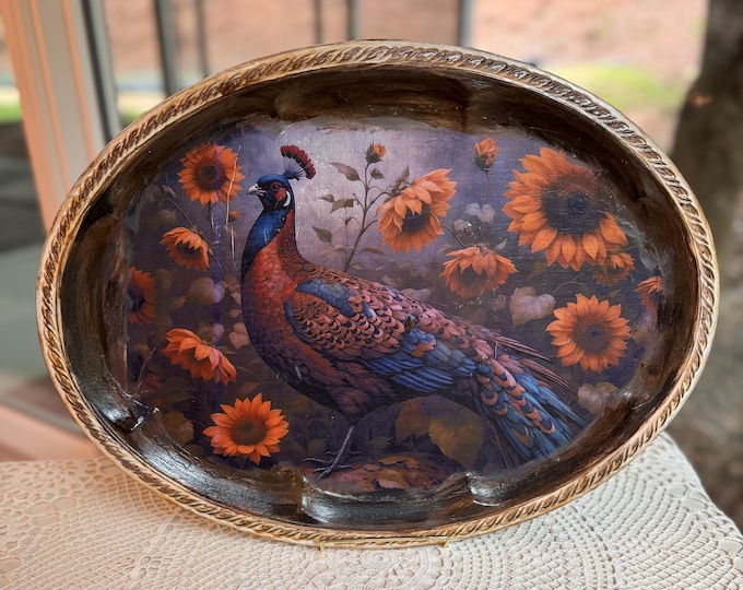 Fall Vintage Metal Tray Pheasant with Sunflowers