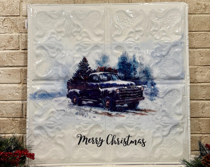 Vintage Blue Truck Wall Art – Recycled Metal 24" Square Farmhouse Decor