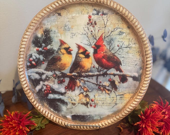 Winter Cardinals Metal Tray  Rustic Farmhouse Holiday Decor
