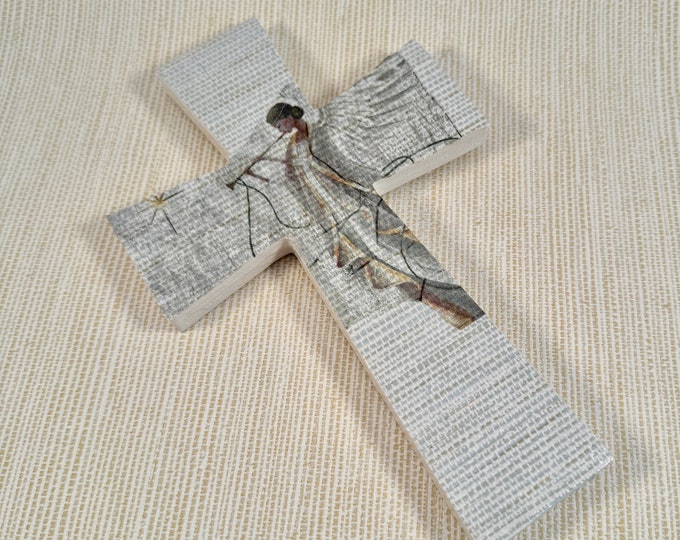 Vintage-Inspired Trumpet Angel Cross Wall Art - Handcrafted Décor Piece