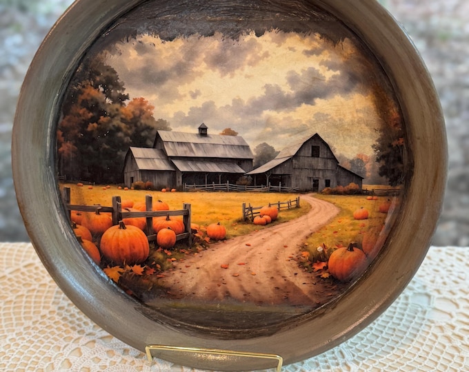 Rustic Farmhouse Barn and Pumpkin Decoupage Tray