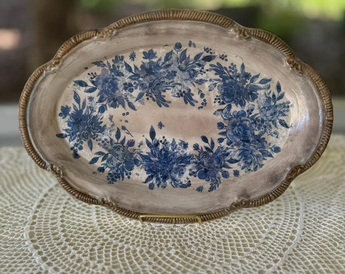 Vintage Blue Floral Metal Serving Tray