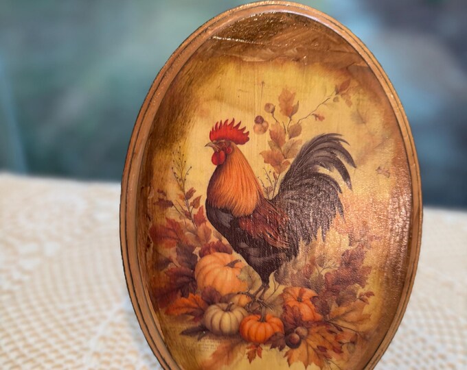 Rustic Oval Wood Plaque Wall Art Fall Rooster and Pumpkin Decor