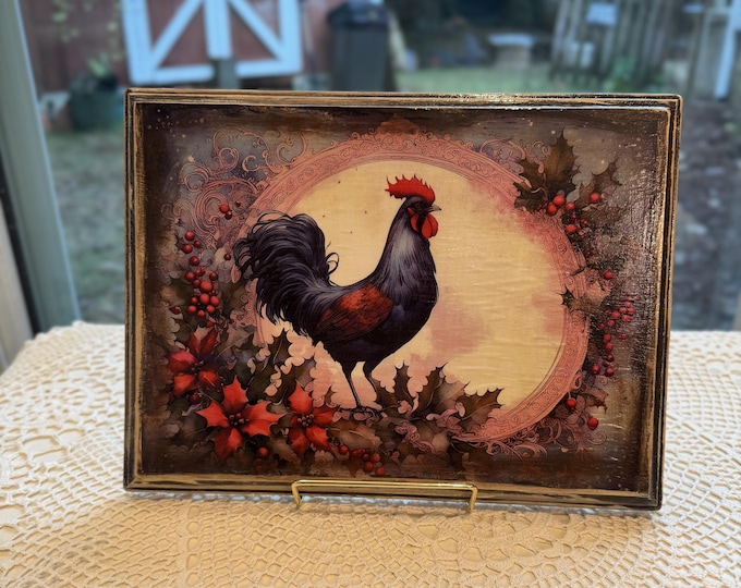 Rustic Farmhouse Christmas Rooster Wood Plaque Wall Art