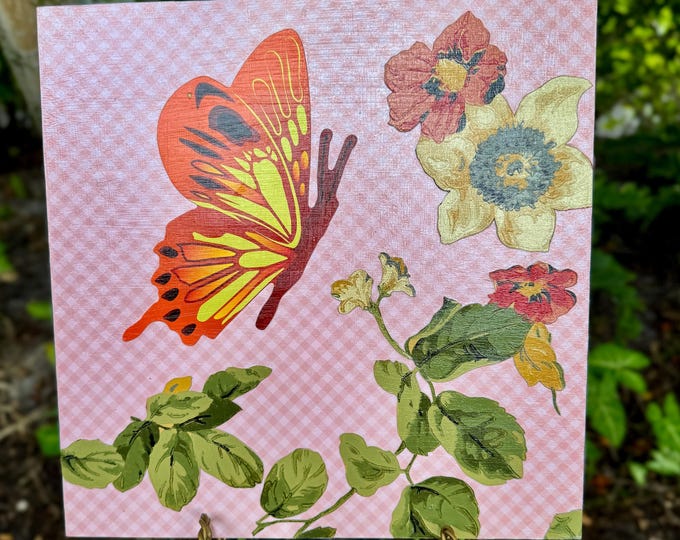 Unique Floral Wall Hanging with Pink Butterfly - Original Artwork
