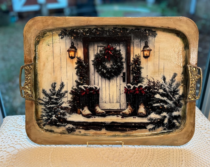 Cowboy Christmas Metal Tray | Western Holiday Decor | Rustic Ranch Serving Platter | Rice Paper Decoupage