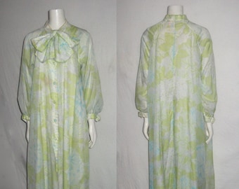 VTG Elizabeth Arden Multicolor Pastel Floral Psychedelic Print Raglan Sleeve Tie Neck Buttoned Leisure Loungewear Coverup Caftan Robe Dress