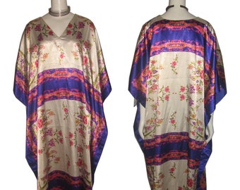 VTG NWT Unworn Wilnar Multicolor Floral Print Kimono Sleeve Metallic Gold Trim Vneck Multifunctional Leisure Loungewear Coverup Caftan Dress