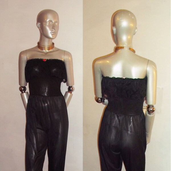 VTG UW Undercover Wear Noir Scallop Edge Ruffle Overlay Rosette Strapless Tube Top Shirred Waist Long Harem Pants Romper Body Jumpsuit Jumpsuit