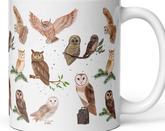 Owl Mug Woodland Owl Mug Great Horned Owl Barn Barred Screech Owls Mug Forest Owls Mug Owl Lover Gift