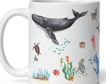 Ocean Sea Life Mug: Ocean Lover Gift Whales Jelly Fish Dolphin Sea Gift