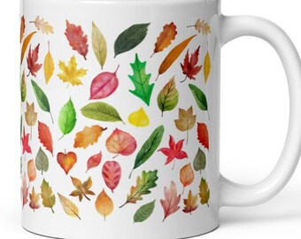 Watercolor Fall Leaves Ceramic Mug | Cozy Autumn Coffee Cup