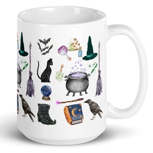 Witch Mug Witch Lover Gift Witches Magic Spell Mug Cauldron Black Cat Raven Bats Goblincore Mug Cottagecore Halloween Fall Gift Witchy Mug