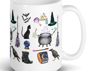 Witch Mug Witch Lover Gift Witches Magic Spell Mug Cauldron Black Cat Raven Bats Goblincore Mug Cottagecore Halloween Fall Gift Witchy Mug